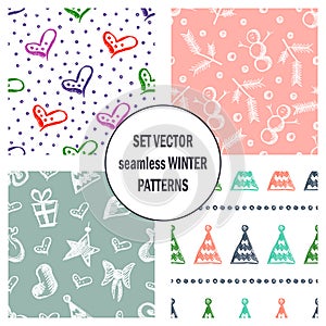 Set of seamless vector patterns with cute hand drawn fir trees, gifts, hearts, bows, christmas toys. Seasonal winter backgrounds G