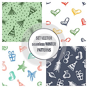 Set of seamless vector patterns with cute hand drawn fir trees, gifts, hearts, bows, christmas toys. Seasonal winter backgrounds G