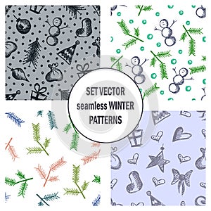 Set of seamless vector patterns with cute hand drawn fir trees, gifts, hearts, bows, christmas toys. Seasonal winter backgrounds G