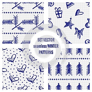 Set of seamless vector patterns with cute hand drawn fir trees, gifts, hearts, bows, christmas toys. Seasonal winter backgrounds G