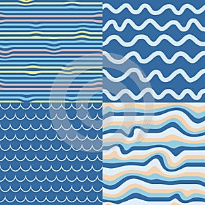 Set of 4 seamless vector patterns, distorted stripes, uneven lines, waves