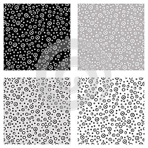 Set of seamless vector patterns with dots. Black, white, grey backgrounds with hand drawn decorative elements. Decorative repeatin