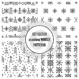 Set of seamless vector patterns with fir-trees, snowflakes. seasonal winter background with cute hand drawn fir trees Graphic illu