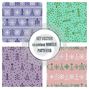 Set of seamless vector patterns with fir-trees, snowflakes. seasonal winter background with cute hand drawn fir trees Graphic illu