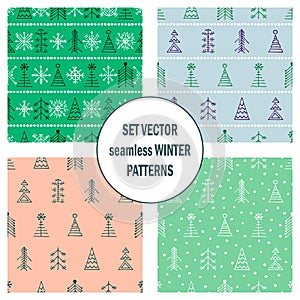 Set of seamless vector patterns with fir-trees, snowflakes. seasonal winter background with cute hand drawn fir trees Graphic illu