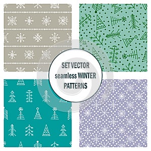 Set of seamless vector patterns with fir-trees, snowflakes. seasonal winter background with cute hand drawn fir trees Graphic illu