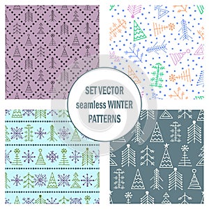 Set of seamless vector patterns with fir-trees, snowflakes. seasonal winter background with cute hand drawn fir trees Graphic illu