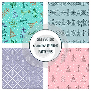 Set of seamless vector patterns with fir-trees, snowflakes. seasonal winter background with cute hand drawn fir trees Graphic illu