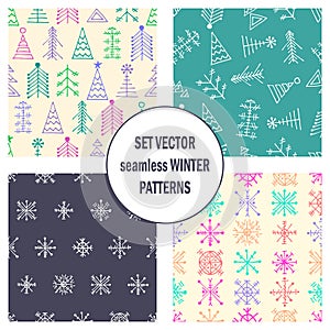 Set of seamless vector patterns with fir-trees, snowflakes. seasonal winter background with cute hand drawn fir trees Graphic illu