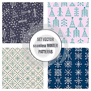 Set of seamless vector patterns with fir-trees, snowflakes. seasonal winter background with cute hand drawn fir trees Graphic illu