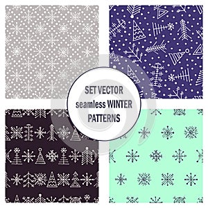 Set of seamless vector patterns with fir-trees, snowflakes. seasonal winter background with cute hand drawn fir trees Graphic illu