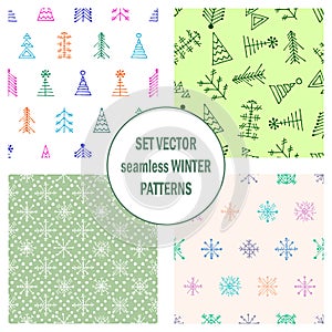 Set of seamless vector patterns with fir-trees, snowflakes. seasonal winter background with cute hand drawn fir trees Graphic illu