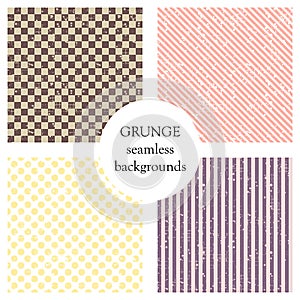 Set of seamless vector patterns. Geometric backgrounds with dots, squares, diagonal, vertical lines. Grunge texture with attrition