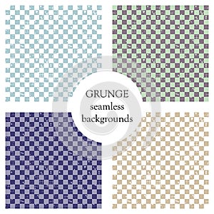 Set of seamless vector patterns. Geometric checkered backgrounds with squares. Grunge texture with attrition, cracks and ambrosia.