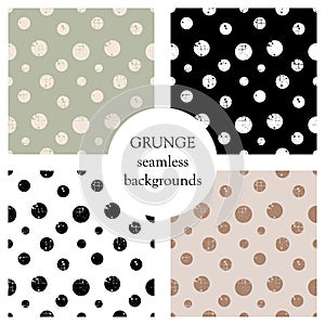 Set of seamless vector patterns. Geometric polka backgrounds with circles. Grunge texture with attrition, cracks and ambrosia. Old