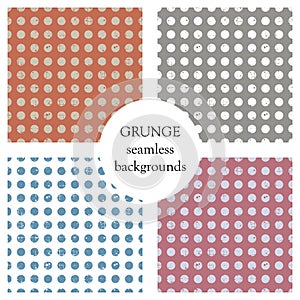Set of seamless vector patterns. Geometric polka backgrounds with circles. Grunge texture with attrition, cracks and ambrosia. Old