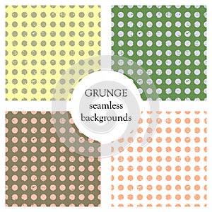 Set of seamless vector patterns. Geometric polka backgrounds with circles. Grunge texture with attrition, cracks and ambrosia. Old