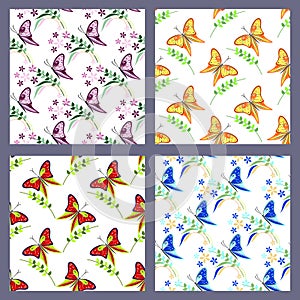 Set of seamless vector patterns with insects, colorful backgrounds with butterflies
