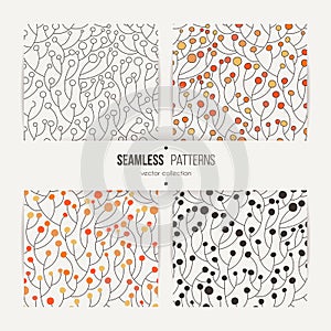 Set of seamless vector patterns of ornate plants with berries or leaves.