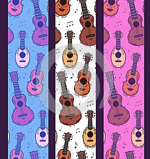 Set of seamless vertical border with contour ukuleles, musical notes on various background. Hawaiian music. Musical string