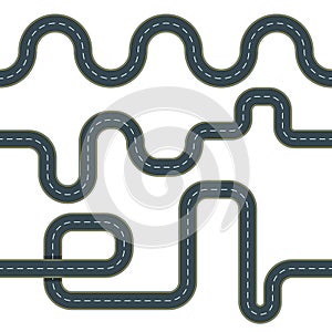 Set of seamless winding road background. Asphalt roads with road marking.