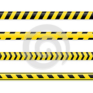Set of seamless yellow and black warning tapes isolated on white background. Police insulation line, signs of danger, do