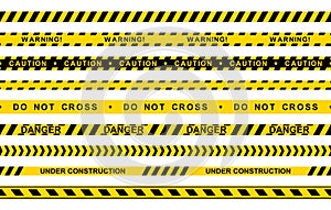 Set of seamless yellow and black warning tapes with text do not cross, warning, caution isolated on white background