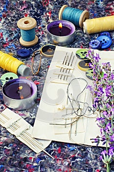Set of seamstresses and bouquet of lavender