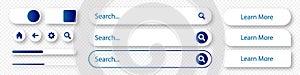 Set of search bar boxes. Web UI elements for browsers with text field and search button. Vector set computer illustration searched