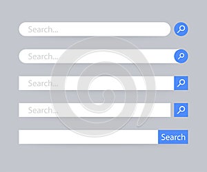 Set Search bar vector element design, set of search boxes ui template isolated on blue background.