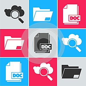 Set Search cloud computing, Document folder and DOC file document icon. Vector