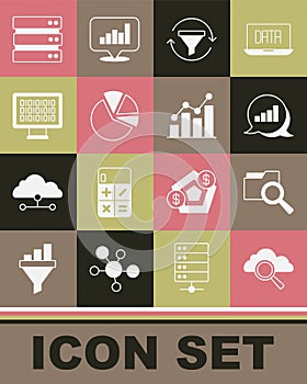 Set Search cloud computing, with folder, Pie chart infographic, Sales funnel, Binary code, Server and icon. Vector
