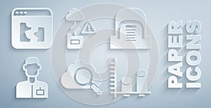 Set Search cloud computing, Hangar with servers, Analyst engineer, Data analysis, Cloud technology data transfer and