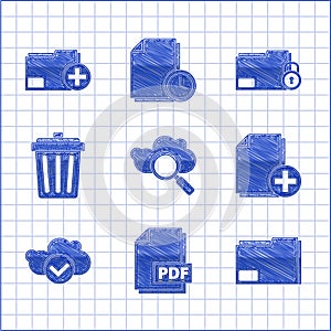 Set Search cloud computing, PDF file document, Document folder, Add new, Cloud with check mark, Trash can, Folder and