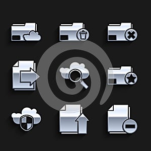 Set Search cloud computing, Upload file document, Document with minus, folder star, Cloud and shield, Next page arrow
