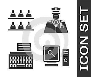 Set Search on computer screen, Jurors, Retro typewriter and Police officer icon. Vector