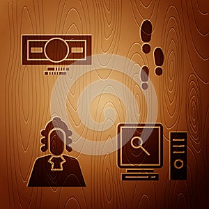 Set Search on computer screen, Stacks paper money cash, Judge and Footsteps on wooden background. Vector