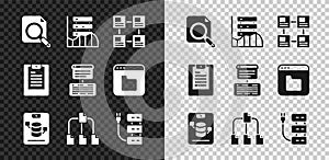 Set Search concept with folder, Server, Data, Web Hosting, Hierarchy organogram chart, Folder tree, report and icon