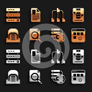 Set Search concept with folder, Server, Data, Web Hosting, Loading data window, Network cloud connection, Hangar servers