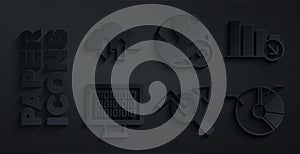 Set Search data analysis, Financial growth decrease, Binary code, Pie chart infographic, and Cloud download and upload