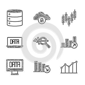 Set Search data analysis, Financial growth decrease, Pie chart infographic, Data, Browser with stocks market and Server