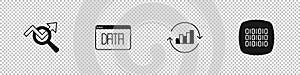 Set Search data analysis, Data, Pie chart infographic and Binary code icon. Vector