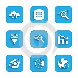 Set Search data analysis, Pie chart infographic, Financial growth, decrease, Binary code, and Cloud download and upload
