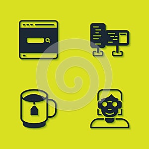 Set Search engine, Hacker or coder, Cup of tea with tea bag and Computer monitor screen icon. Vector