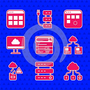 Set Search engine, Server, Data, Web Hosting, Cloud technology data transfer, Loading window and Browser files icon