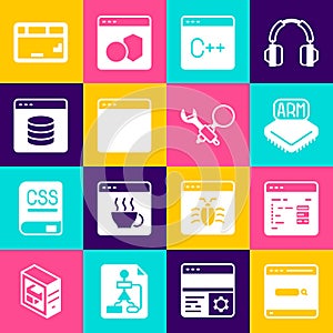 Set Search engine, Software, Processor, Browser window, Server, Data, Web Hosting, Keyboard and Debugging icon. Vector