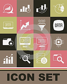 Set Search with folder, Processor CPU, Data analysis, Pie chart infographic, Financial growth, and Binary code icon