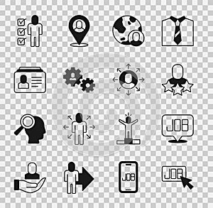 Set Search job, Productive human, Globe and people, Human with gear, Resume, and Multitasking manager working icon