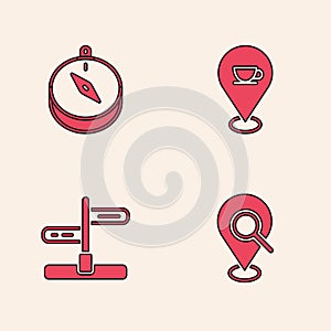 Set Search location, Compass, Location with coffee cup and Road traffic sign icon. Vector