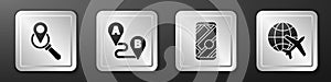 Set Search location, Route location, City map navigation and Globe with flying plane icon. Silver square button. Vector.